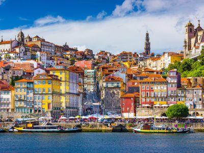 Porto, Portugal old town skyline from across the Douro River.